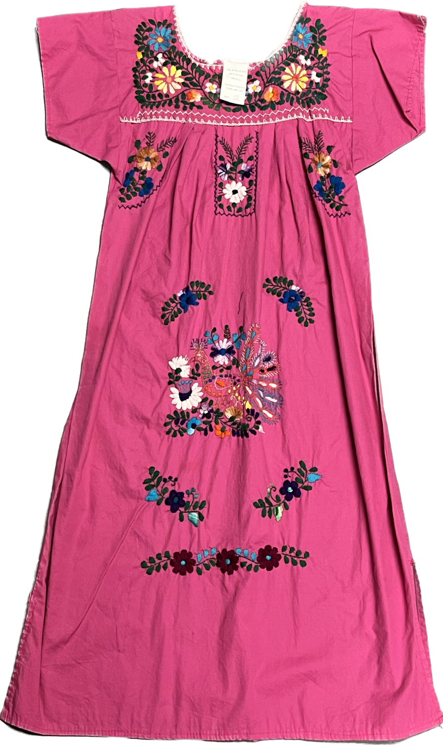 J.R. PALACIOS BRIGHT PINK COTTON DRESS WITH PEACOCK AND FLORAL EMBROIDERY