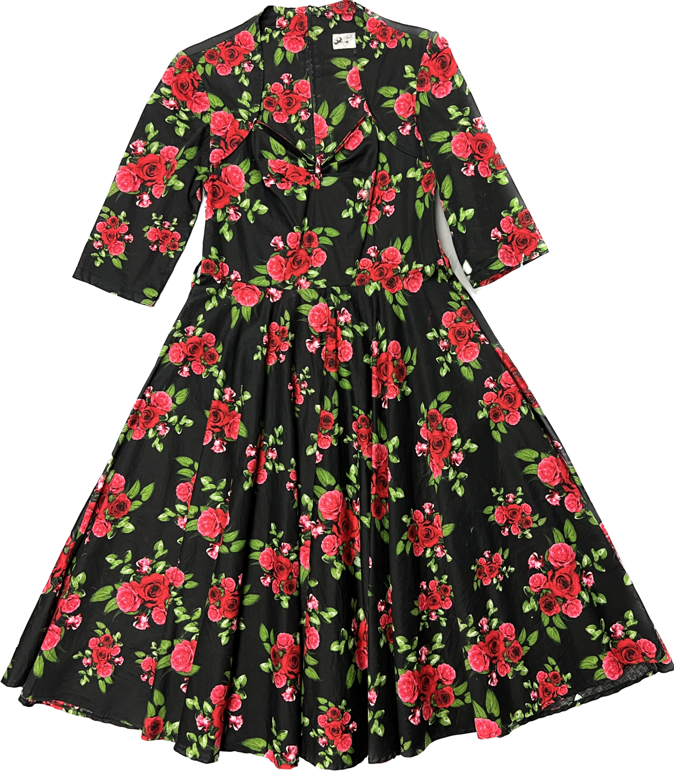 HELL BUNNY VIXEN ROSE PRINT SWING DRESS WITH 3/4 SLEEVE