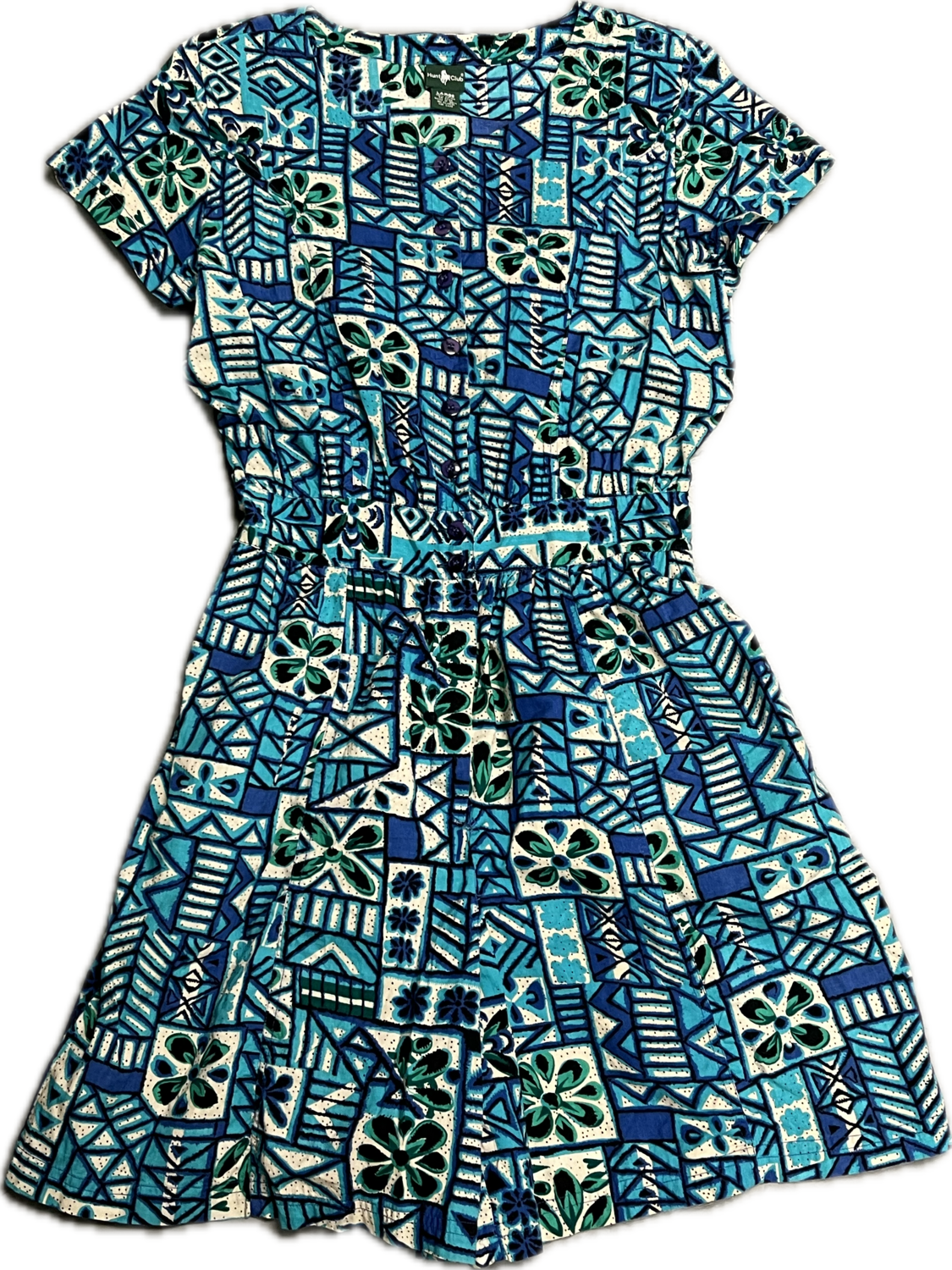 HUNT CLUB BLUE GEOMETRIC AND FLORAL PRINT ROMPER WITH POCKETS