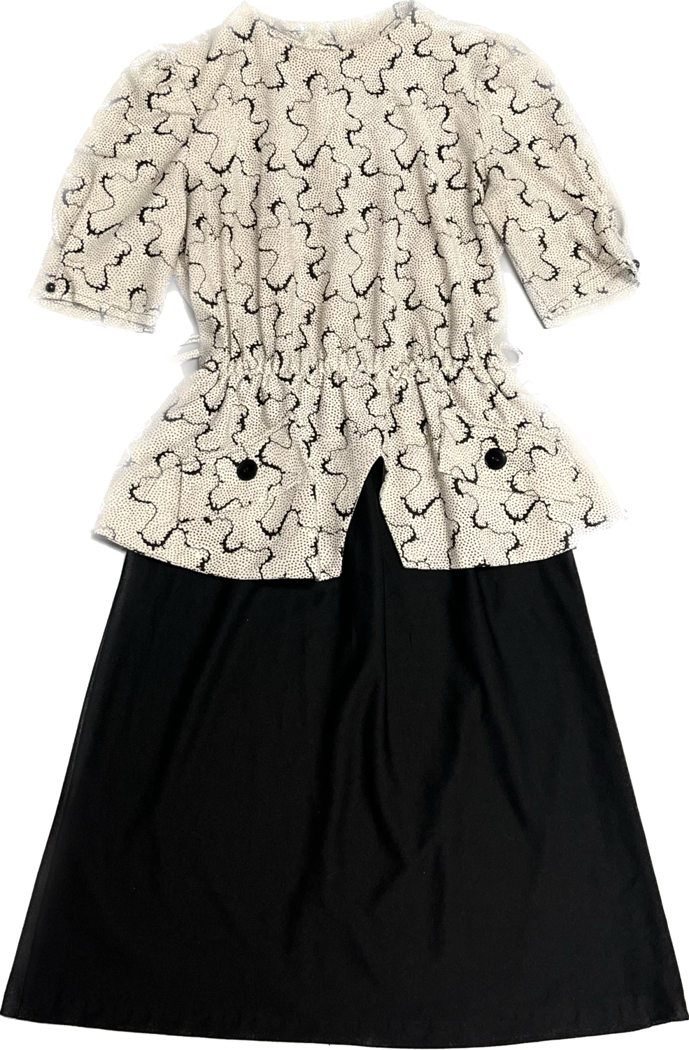 KR OF NY BLACK AND WHITE SPOTTED PEPLUM DRESS