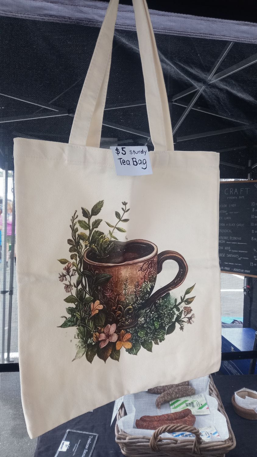 Tea Tote Bag- sturdy Cream and Brown