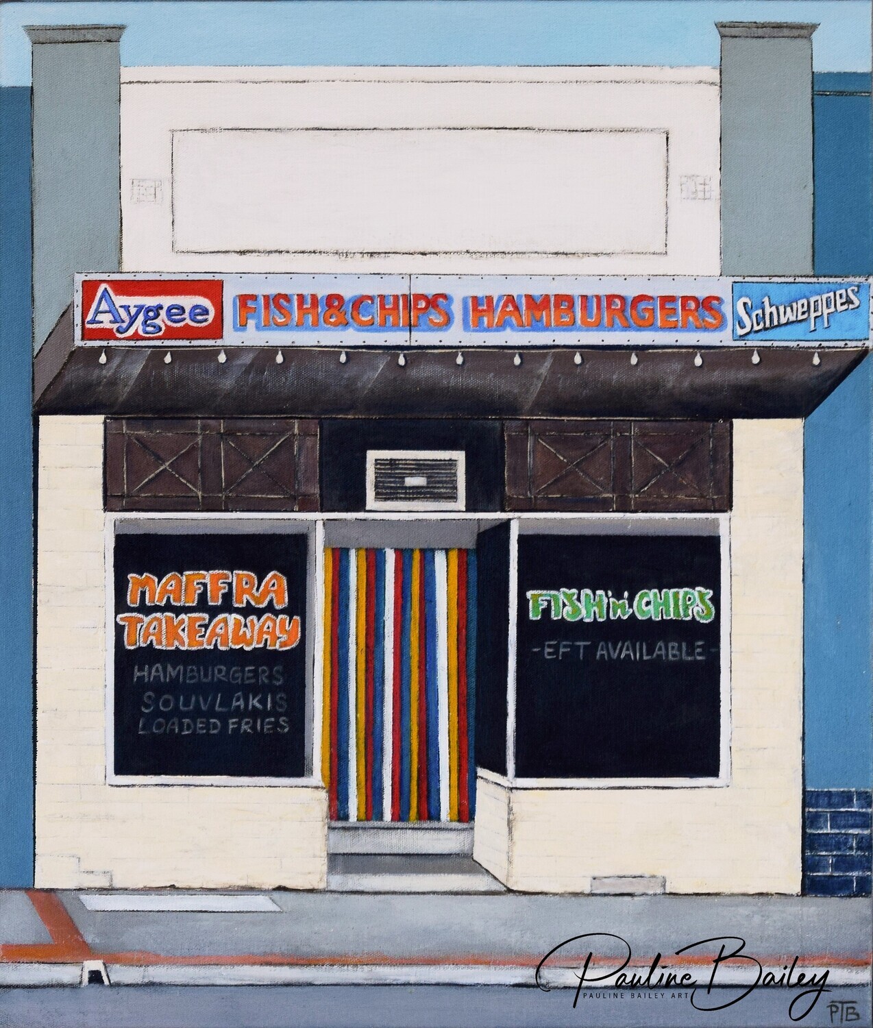 Original painting - Maffra Fish 'n' Chips *On display at the Criterion Hotel, Sale (payment and pickup options in description)