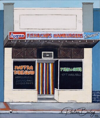 Original painting - Maffra Fish &#39;n&#39; Chips. * On display at Segue Gallery, Stratford until June 29