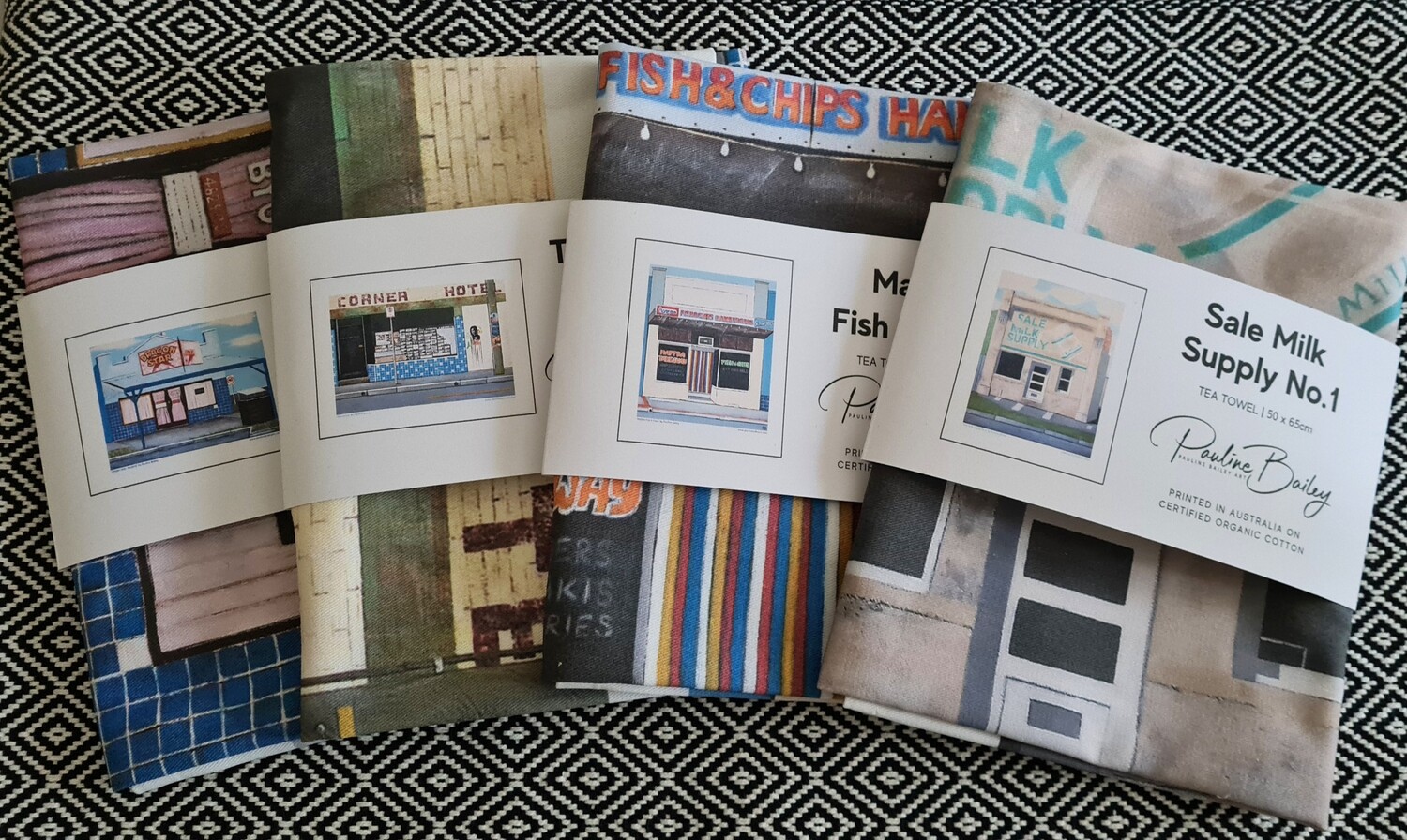 Tea towels - $30 each. Assorted designs. Custom printed, 100% cotton