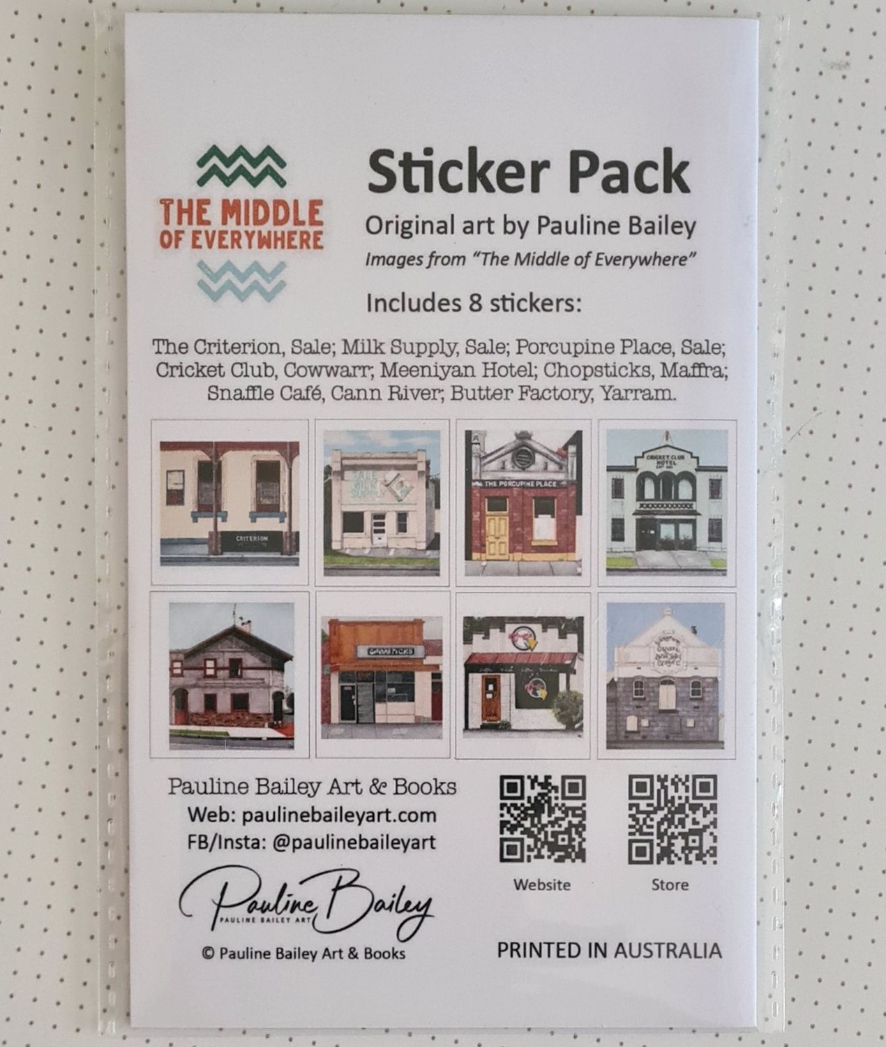 Sticker packs featuring paintings of local Gippsland landmarks.