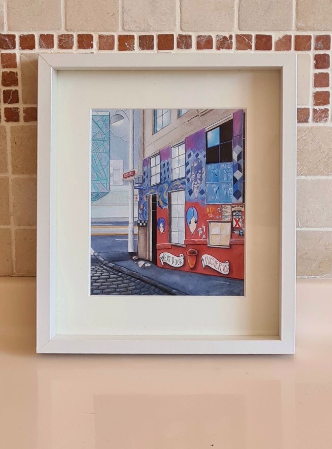 Framed Canvas Print - Next Door. Print size 14 x 18cm, frame size 21.5 x 27cm