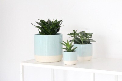 Danish Pastel Blue Ceramic Planter Pots with Crackle Glaze