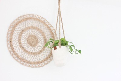 Boho Cotton Rope Hanging Planter Basket with Leather Accent 5"