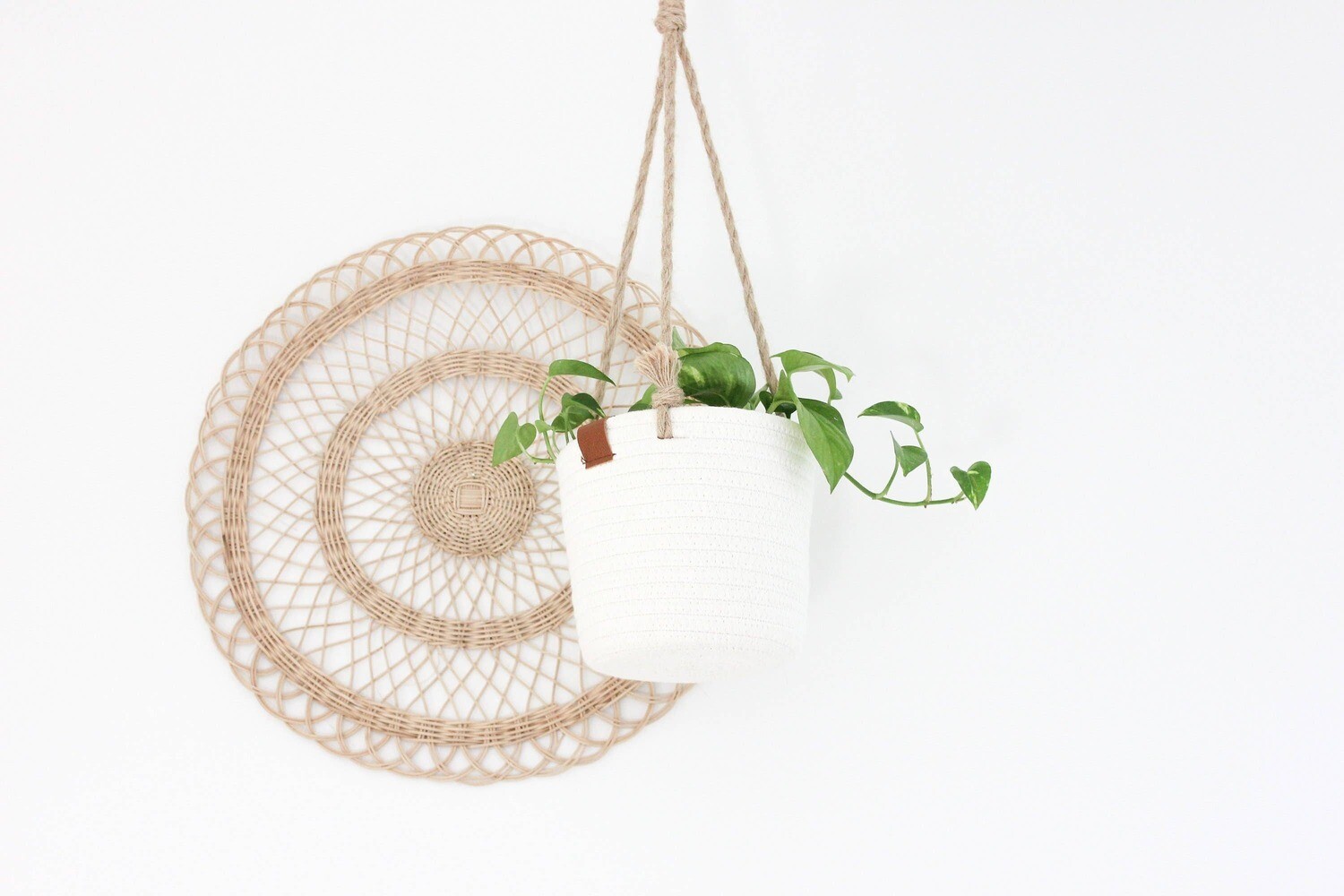 Boho Cotton Rope Hanging Planter Basket with Leather Accent 7"