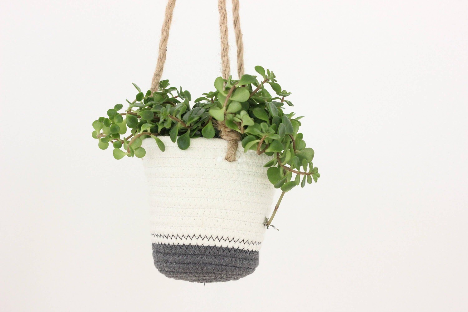 Dark Grey and White Cotton Rope Hanging Plant Basket 5"