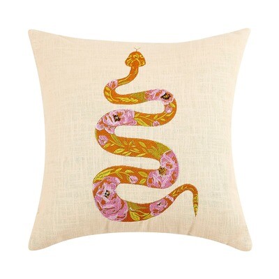 Orange Rose Snake Embroidered Pillow