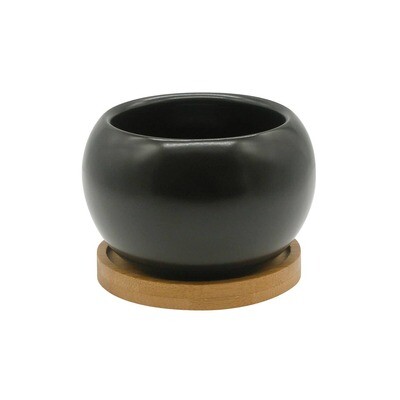 Pottery & Bamboo Saucer, Planter, Plant Holder, Pot - Black