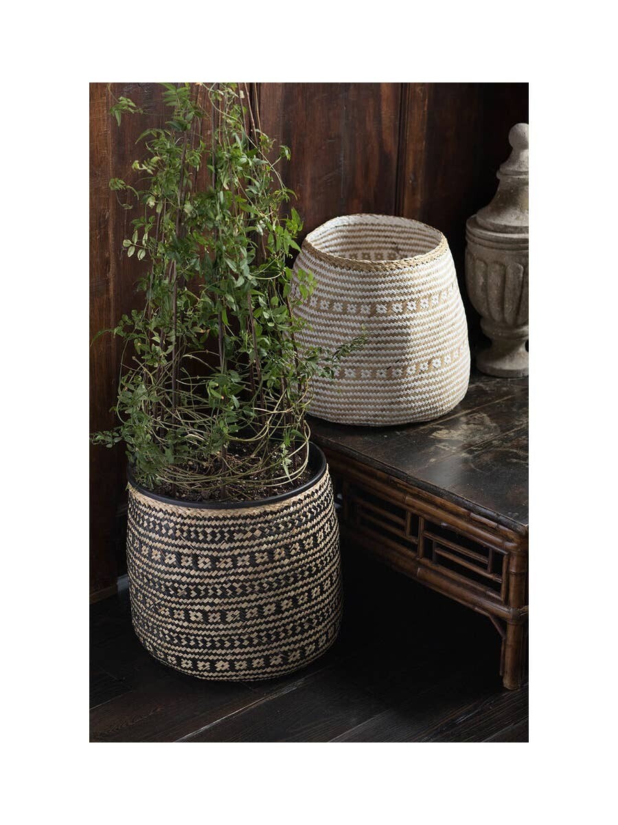 Handwoven Cylinder Basket in Black & Natural Seagrass