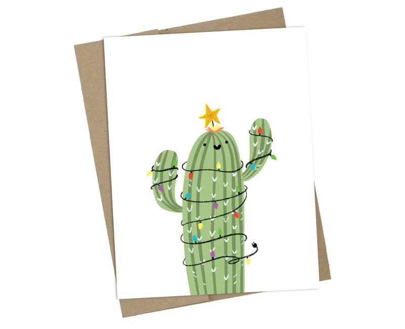 Cactus wrapped in Christmas Lights, Holiday Card, Cute Cactus, Plant Lover, Arizona, Desert Life, Christmas Card