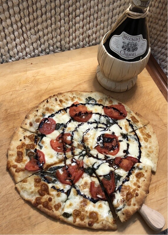 Margherita Extra (EVOO, Fresh Garlic, Fresh Basil, Fresh Tomatoes and side of Balsamic glaze) - See Baking Instructions Below