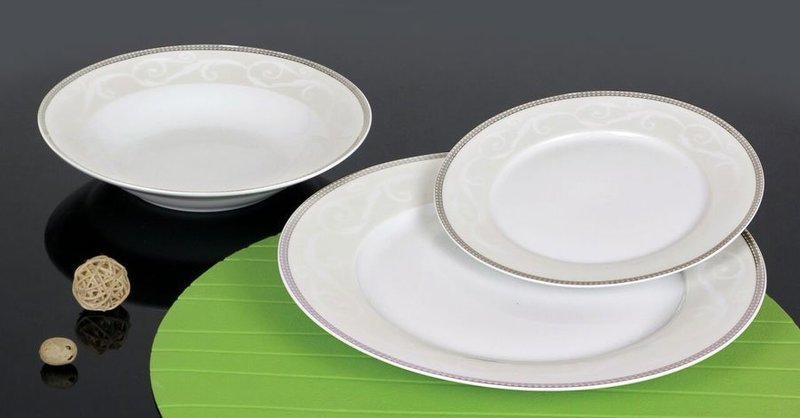 SET OF PLATES 18 PC OF SUPER WHITE & SILVER RIM PORCELAIN