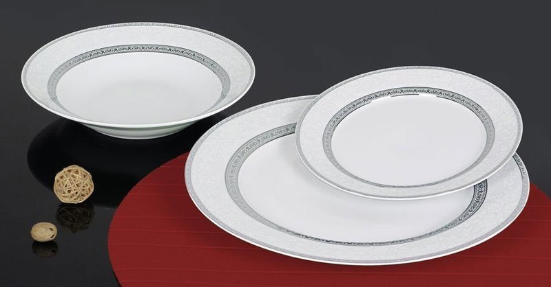 SET OF PLATES 18 PC OF SUPER WHITE & DOUBLE SILVER RIM PORCELAIN
