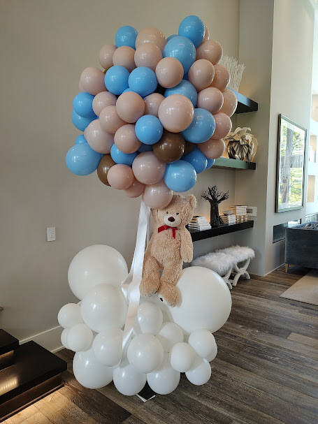 Teddy Bear in Clouds with Organic Balloon Cluster