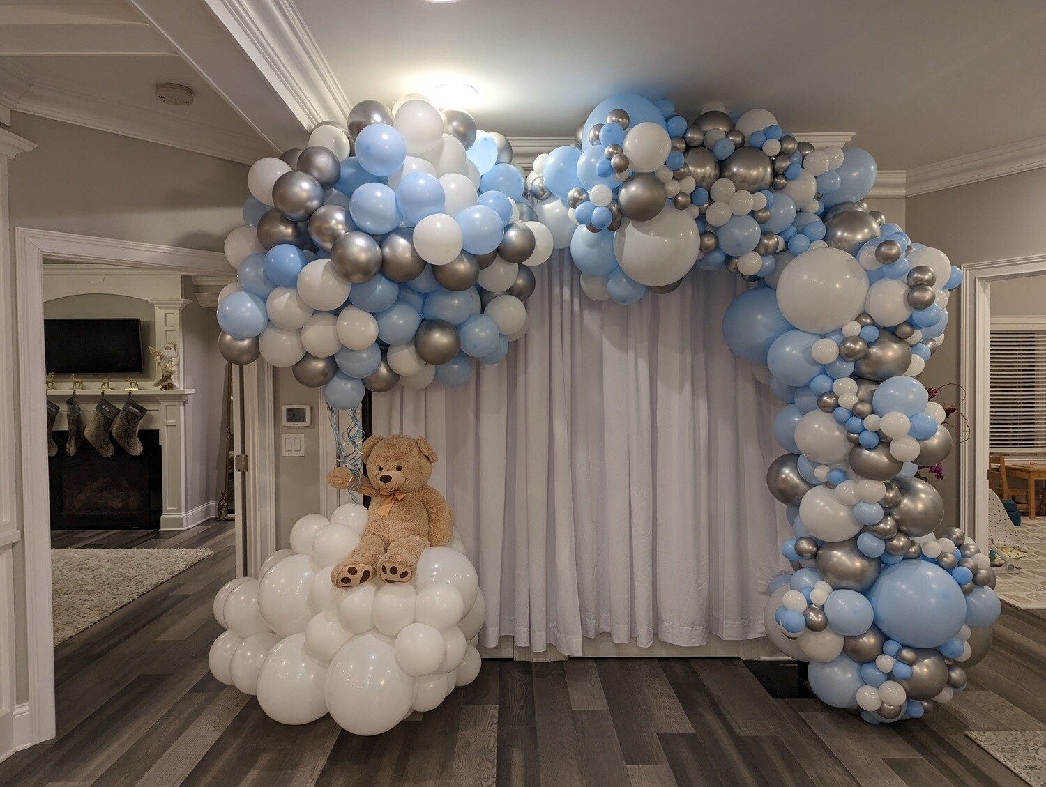 Teddy Bear in Clouds with Organic Balloon Cluster