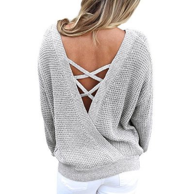 Women&#39;s Long Sleeved Knitted Sweater Autumn and Winter Loose Sweater Backless In Stock