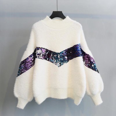 Women Faux Mohair Sweater Knitwear Fluffy Sequins Loose Knitted Pullover Jumper Blouse Casual