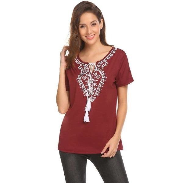 Women Loose Short Sleeve Hole Shoulder Print Graphic Tee T-shirt