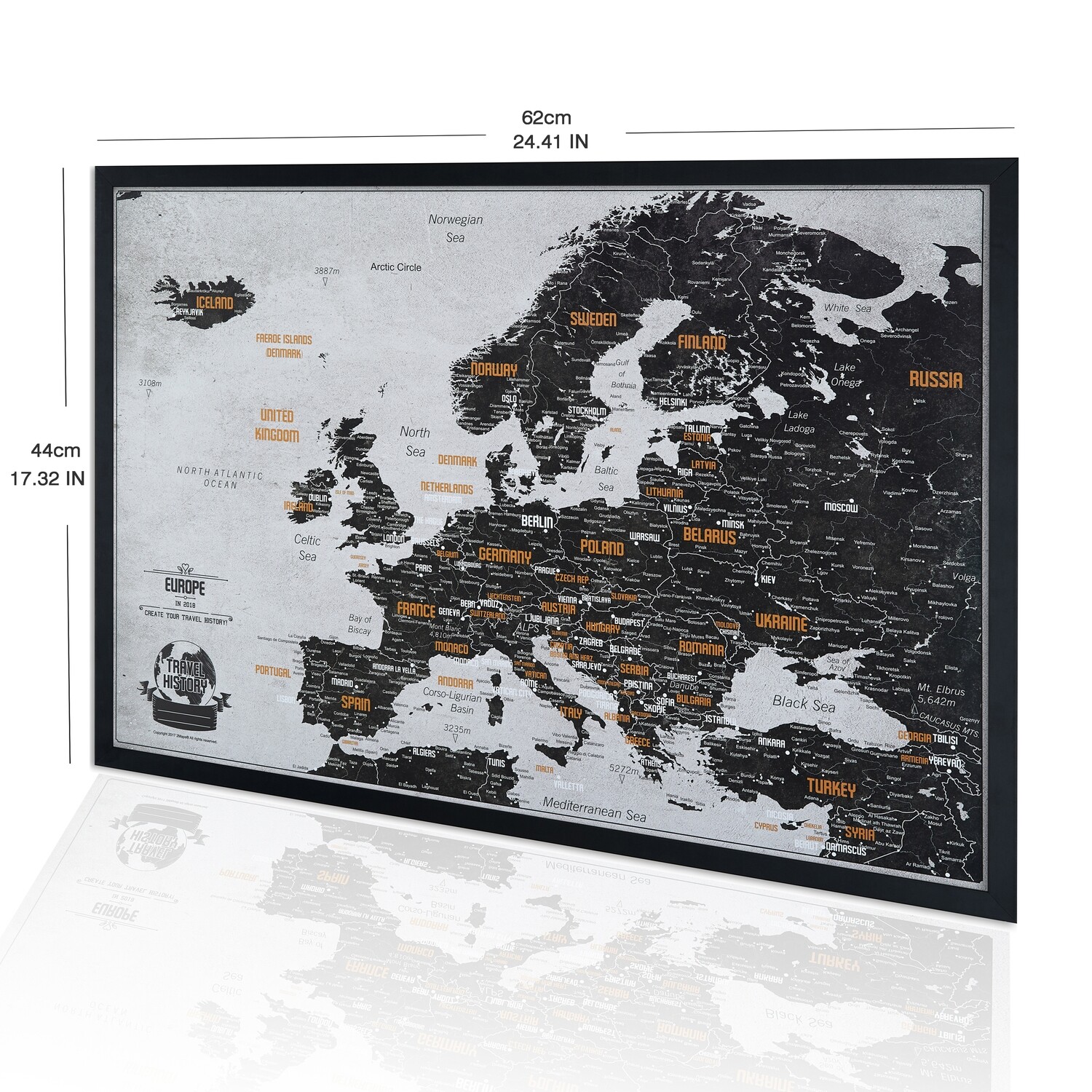 Black and White Push Pin Europe Map - Personalized Gift for Friend - Original Custom Travel Map - Framed Push Pin Map - Europe Map Push Pin with Frame