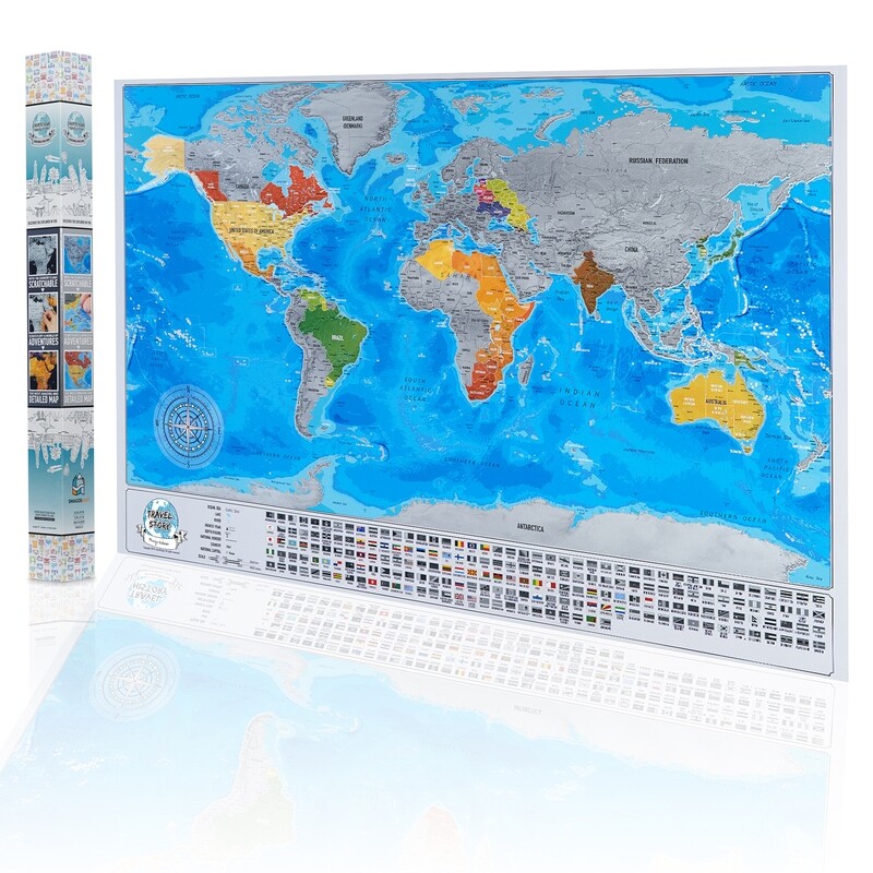 Detailed Scratch Off World Map with Flags, Original Silver Colors Surface Design, Travel Map with Gift Packaging, Scratch Off World Map Poster - 84 x 57cm,  Available Map with Frame