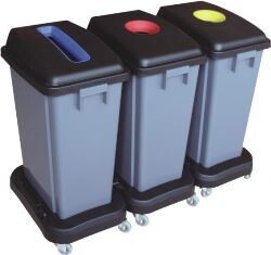 Recycling and Rubbish Bins with Wheels, 60 Litres Each, Individual Bins for Easy Sorting, Heavy Duty, Colour Coded - 3 Bins