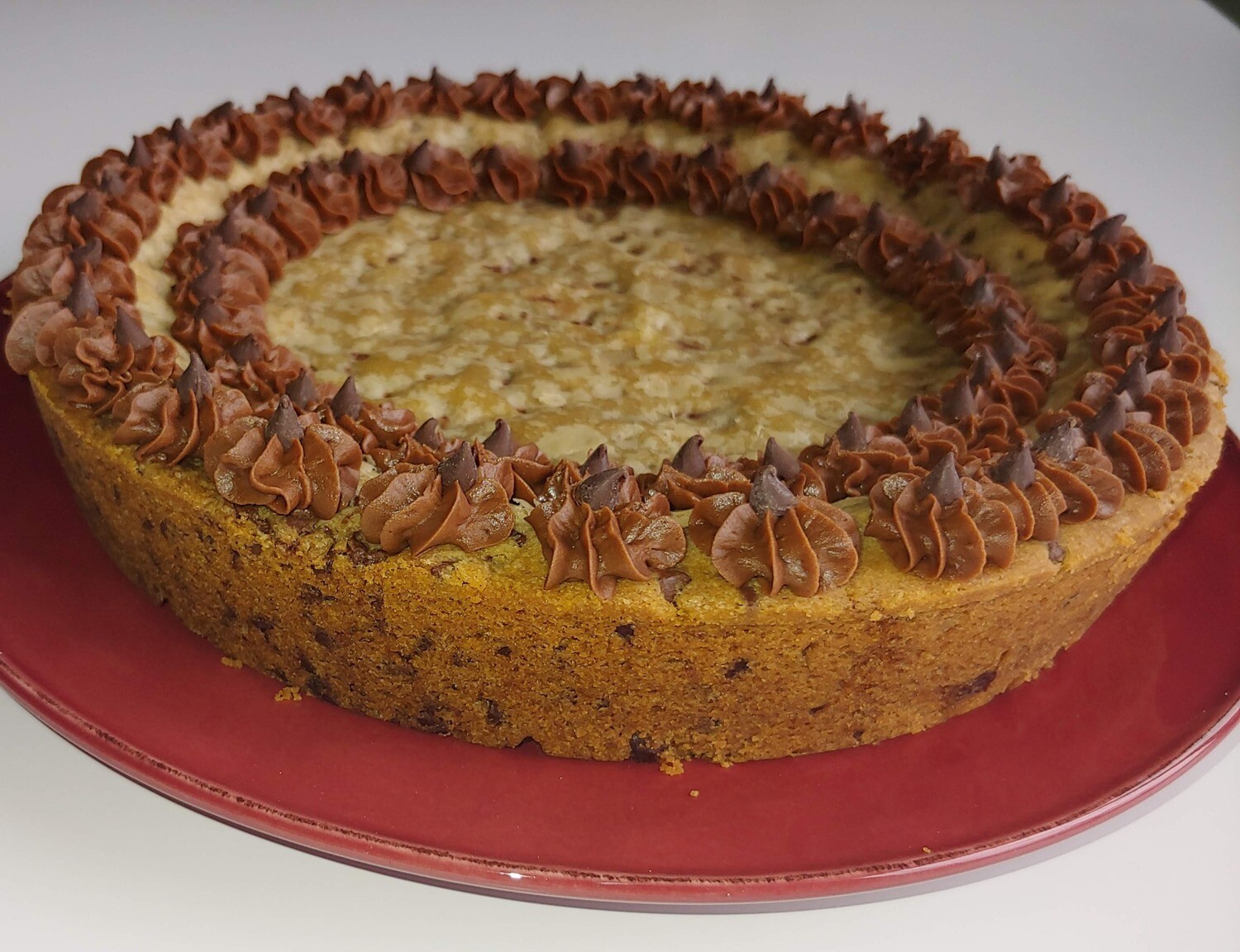 Chocolate Chip Cookie Cake (chocolate icing)