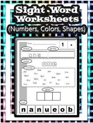 Numbers, Colors, and Shapes - Sight word worksheets