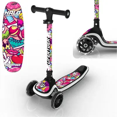 3-wheel kids scooter for ages 2–7 with light-up LED wheels in pink and red colours - LIFERYDER HALO.