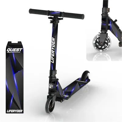 2-wheel kids scooter for ages 5–12 with small light up LED wheels and Blue lightweight frame. LIFERYDER QUEST.