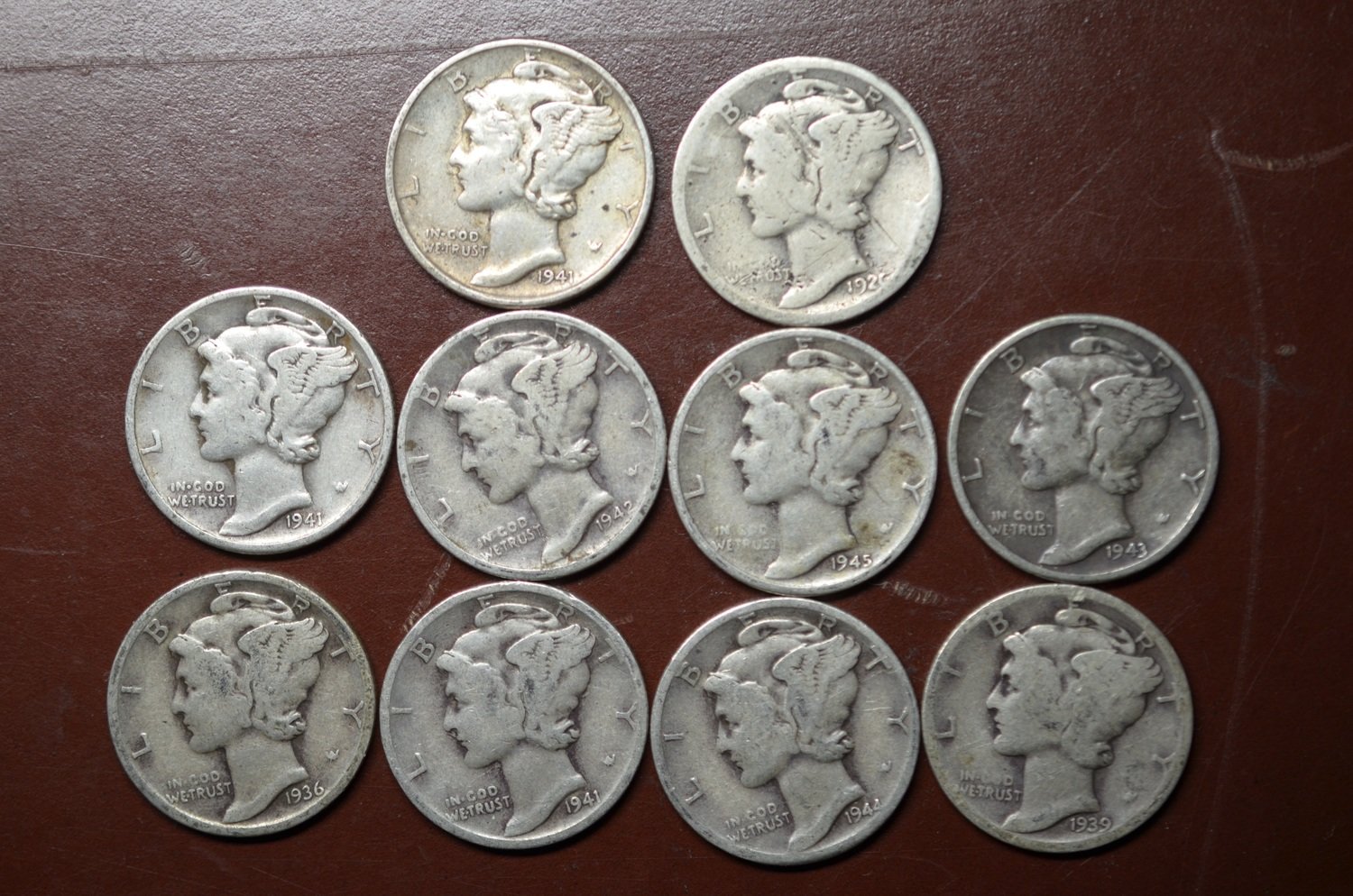 Ten (10) 1916 - 1945 90% Silver Mercury Dimes