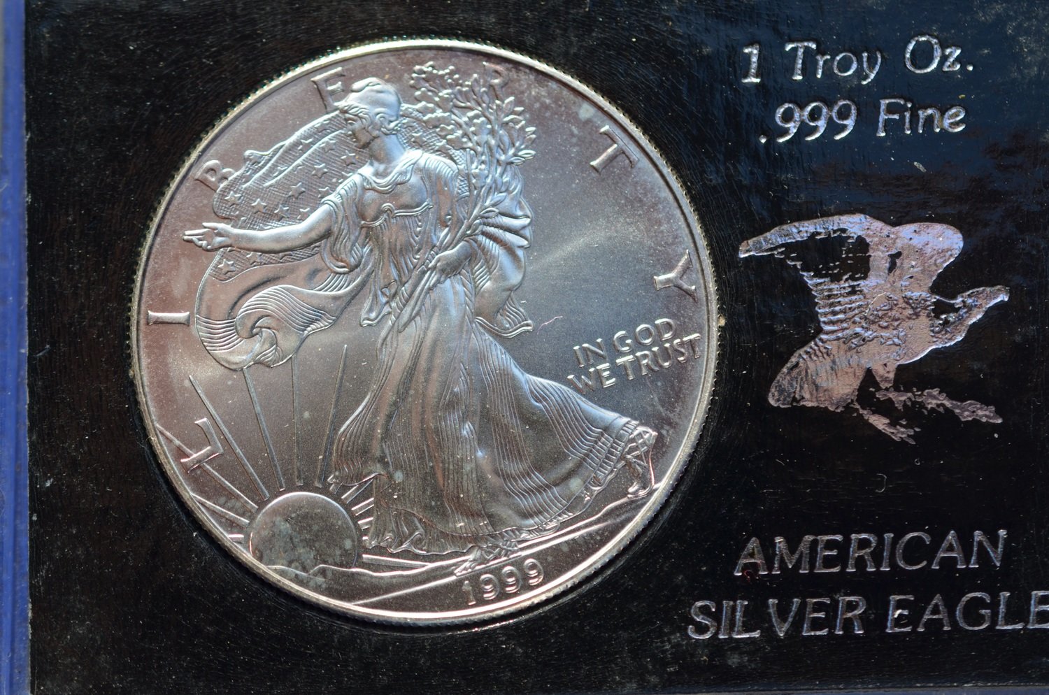 1999 $1 American Silver Eagle Dollar in a Display Case