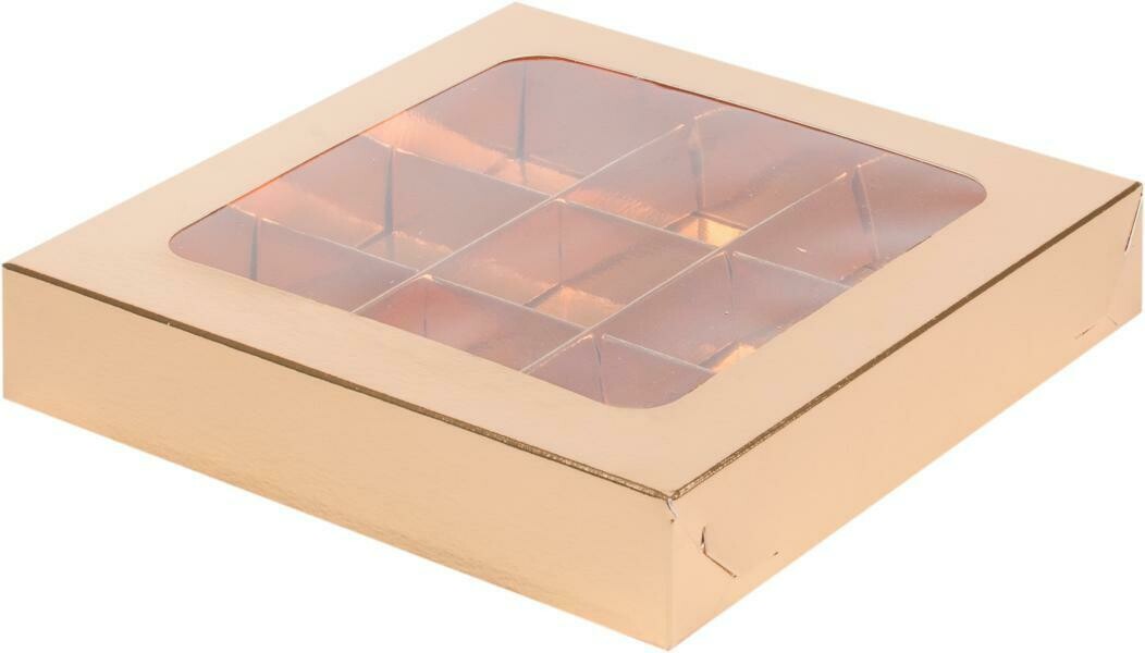 Коробка для 9 конфет с окном Золото 15.5х15.5х3см