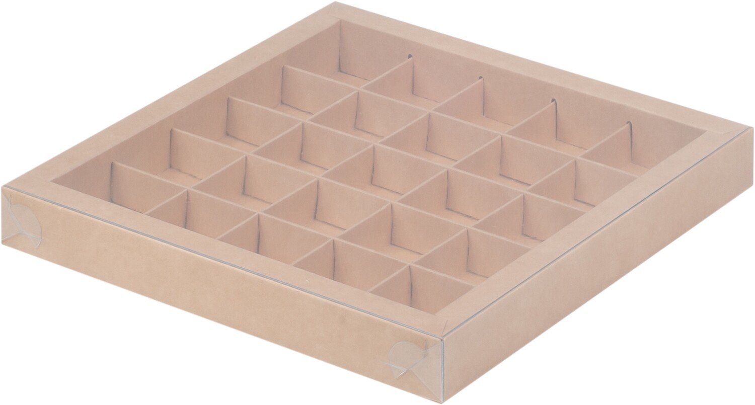 Коробка для 25 конфет с пластиковой крышкой 245*245*30 (крафт)