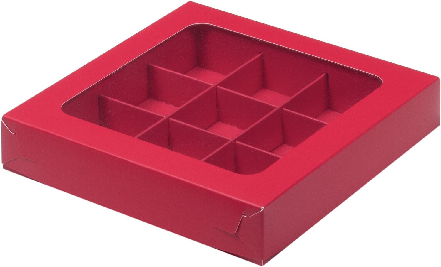 Коробка для 9 конфет с окном Красная 15.5х15.5х3см