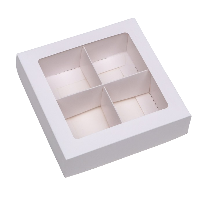 Коробка для 4 конфет с окном белая 12.6х12.6х3.5см