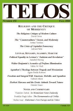 Telos 152 (Fall 2010): Religion and the Critique of Modernity