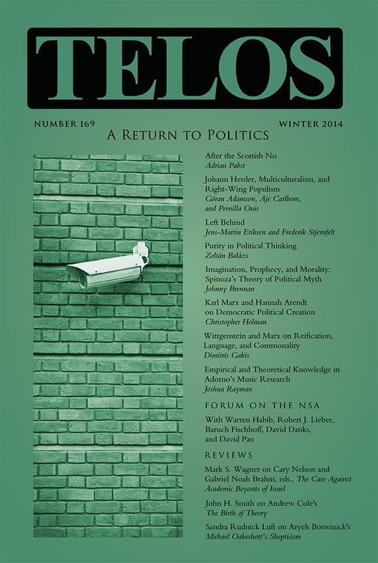 Telos 169 (Winter 2014): A Return to Politics - Institutional Rate