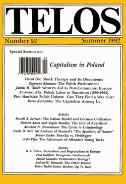 Telos 92 (Summer 1992) Telos 92 (Summer 1992)