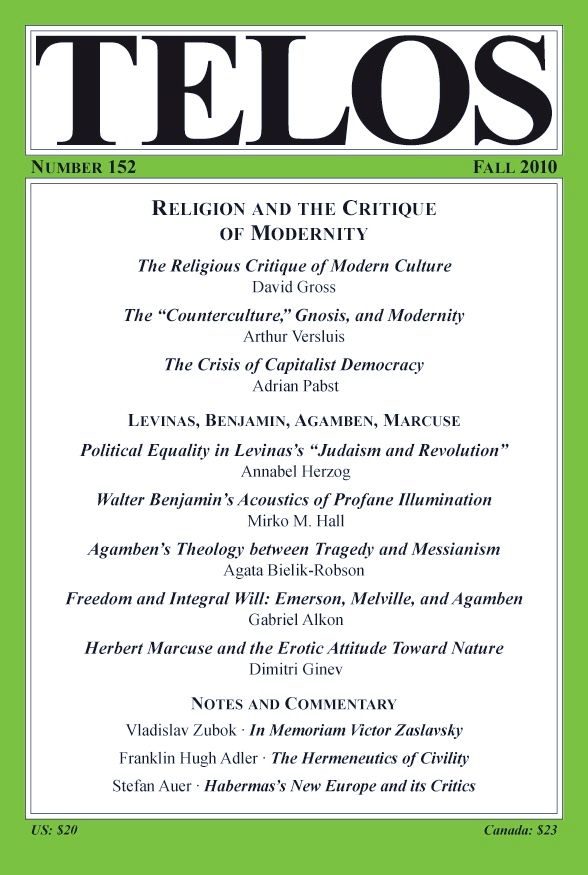 Telos 152 (Fall 2010): Religion and the Critique of Modernity