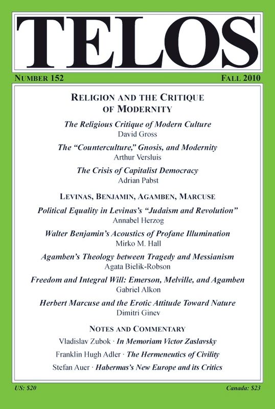 Telos 152 (Fall 2010): Religion and the Critique of Modernity