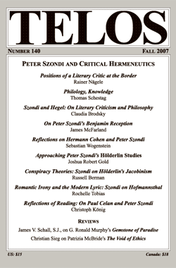 Telos 140 (Fall 2007): Peter Szondi and Critical Hermeneutics