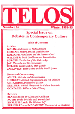 Telos 62 (Winter 1984-85) - Institutional Rate Telos 62 (Winter 1984-85) - Institutional Rate
