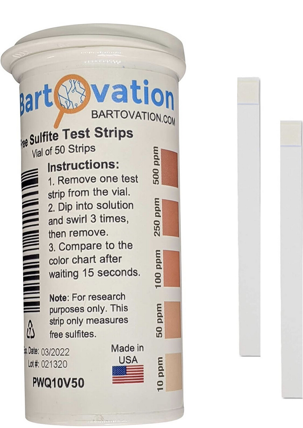 Free Sulfite Test Strips, 10-500 ppm [Vial of 50 Plastic Strips]
