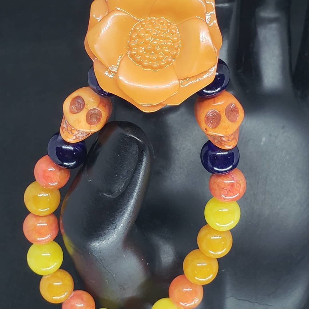 Scary beautiful orange accented Dios Los Muertos bracelet