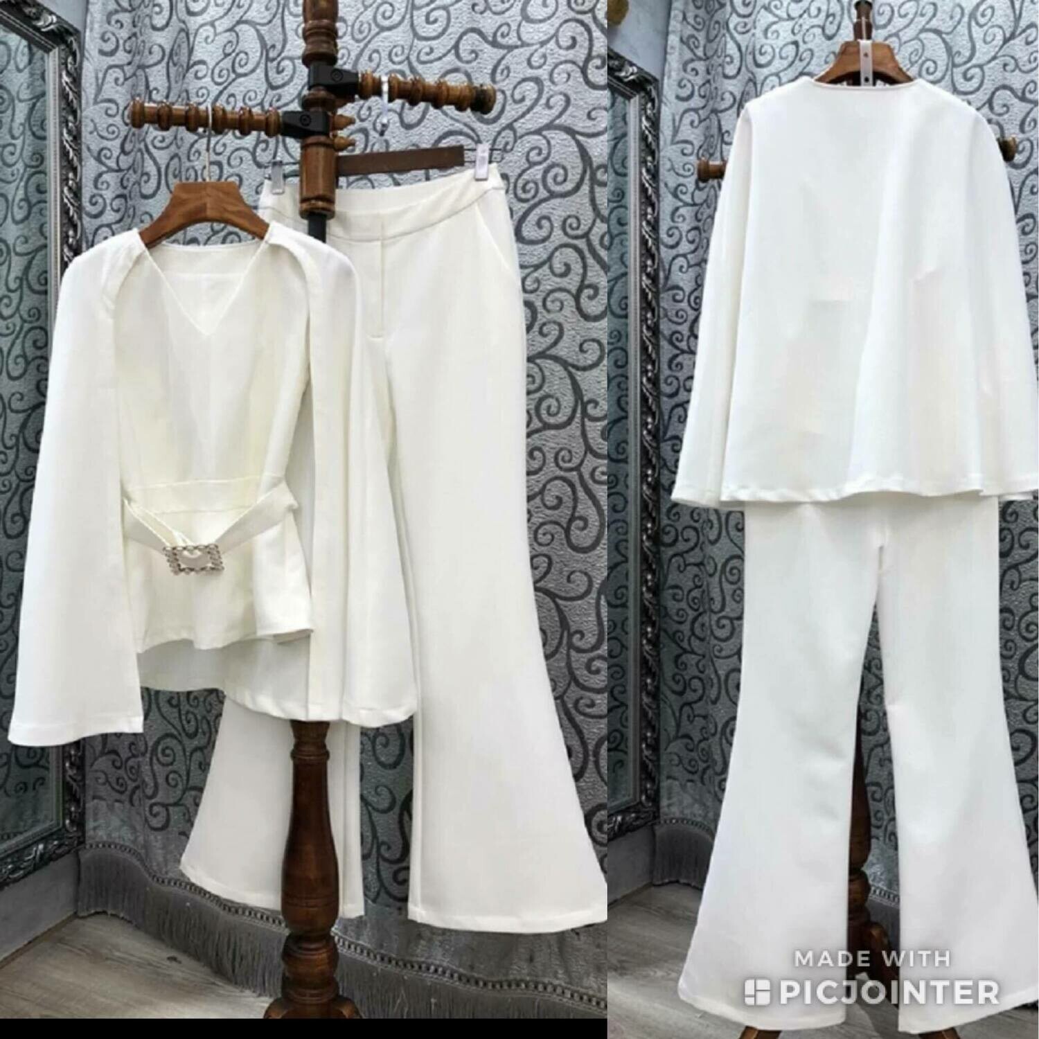 white cape pantsuit