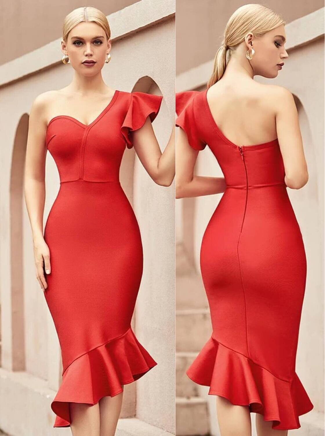 Red one shoulder Ruffle dress